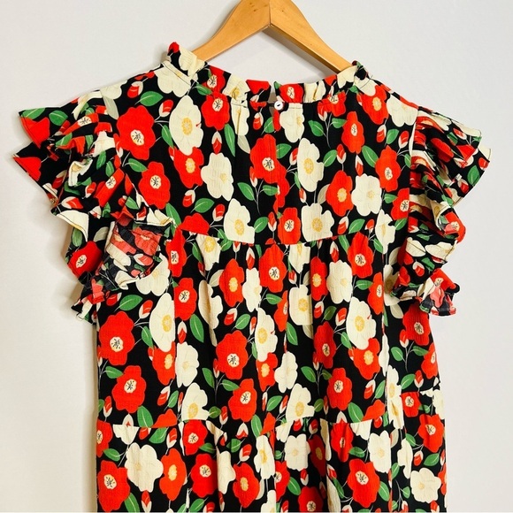 Jodifl Dark Floral Ruffle Sleeve Tiered Dress. Size Large. - Picture 6 of 12